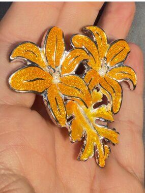 Flower and Leaf Brooch Vintage Orange Enamel Glitter Finish Silver Tone 2.5"